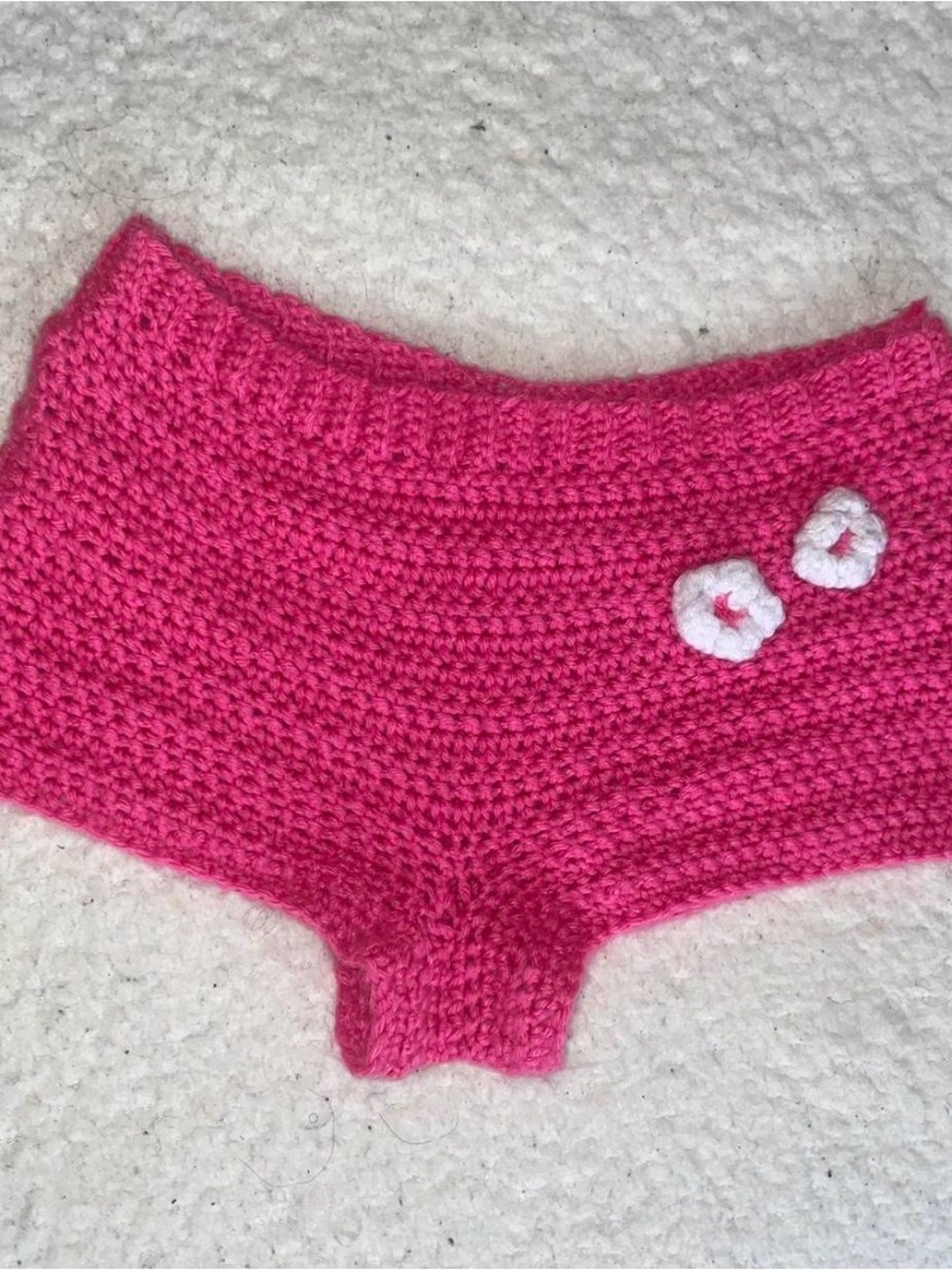 Handmade Pink Crochet Shorts with White Flower Accents